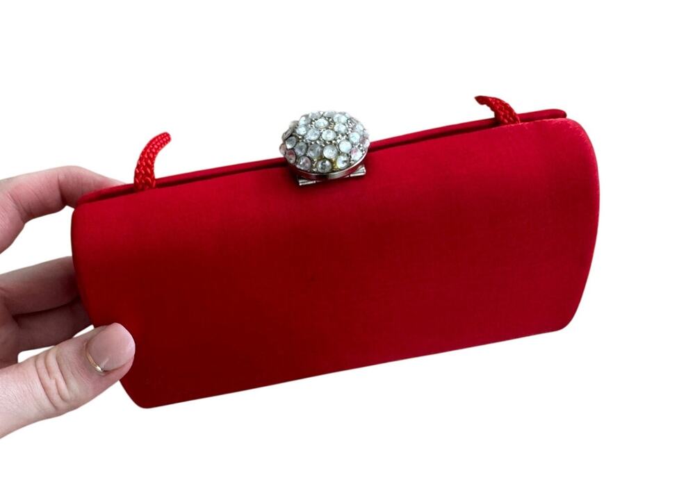 Vintage Y&S Original Red Evening Clutch Bag Rhinestone clasp Rope Strap
